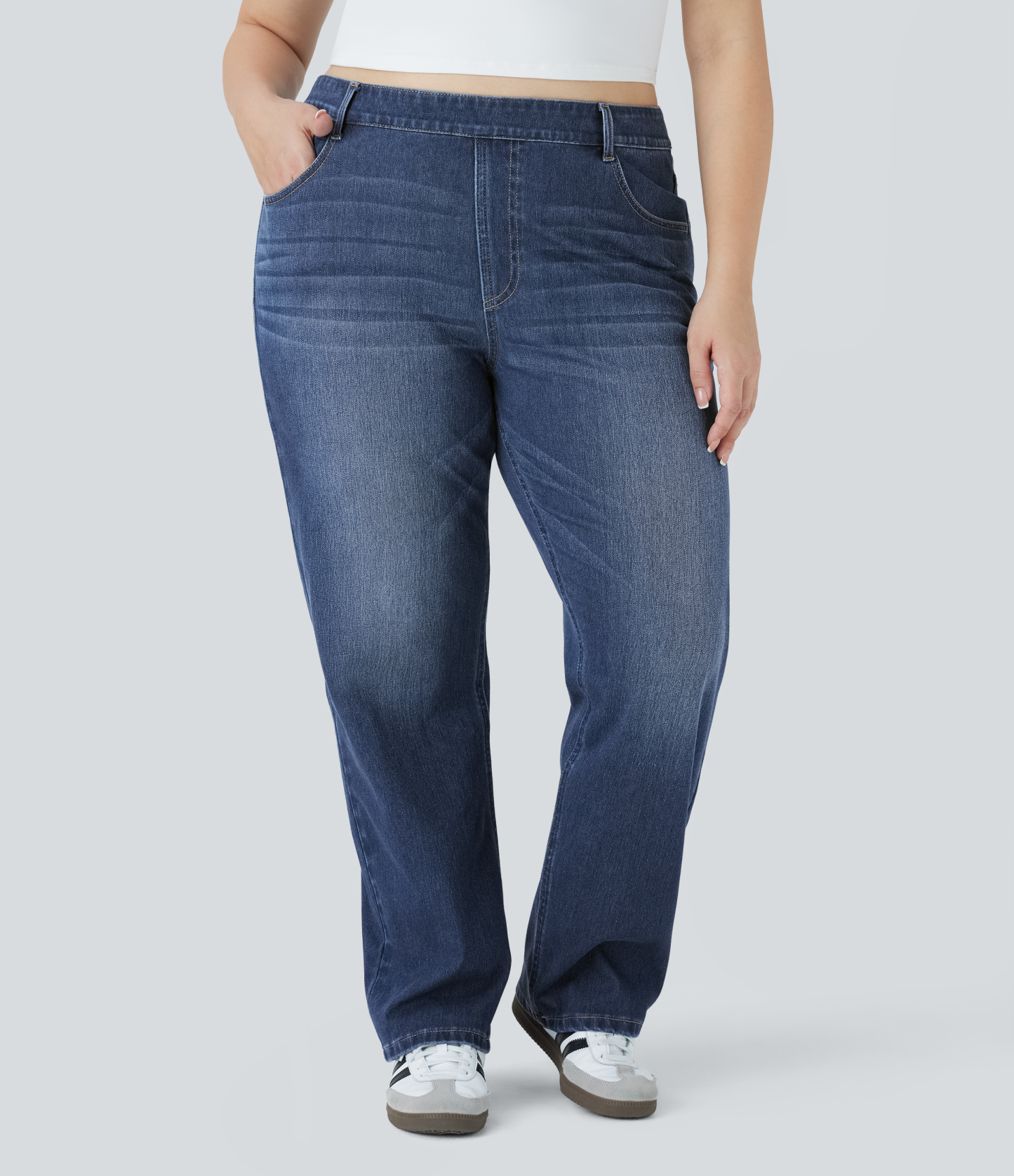 FlexHigh Waisted Pockets Straight Leg Washed Casual Plus Size Jeans