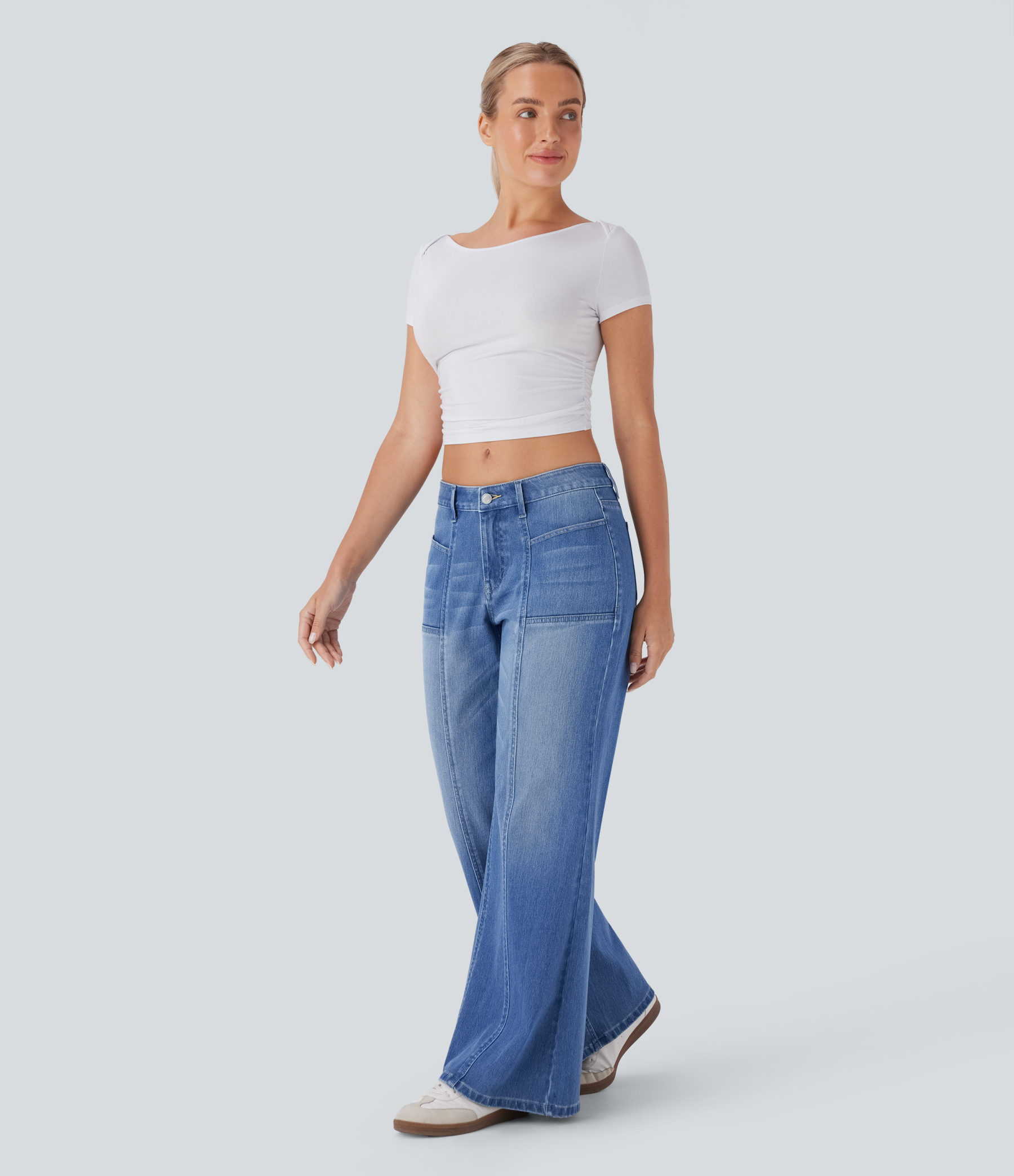 FlexLow Rise Zipper Pockets Baggy Wide Leg Flare Washed Casual Jeans
