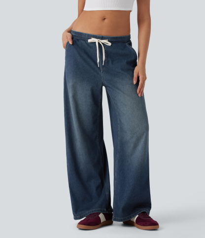 FlexLow Rise Drawstring Stretchy Knit Casual Baggy Sweatpants Jeans with Multiple Pockets