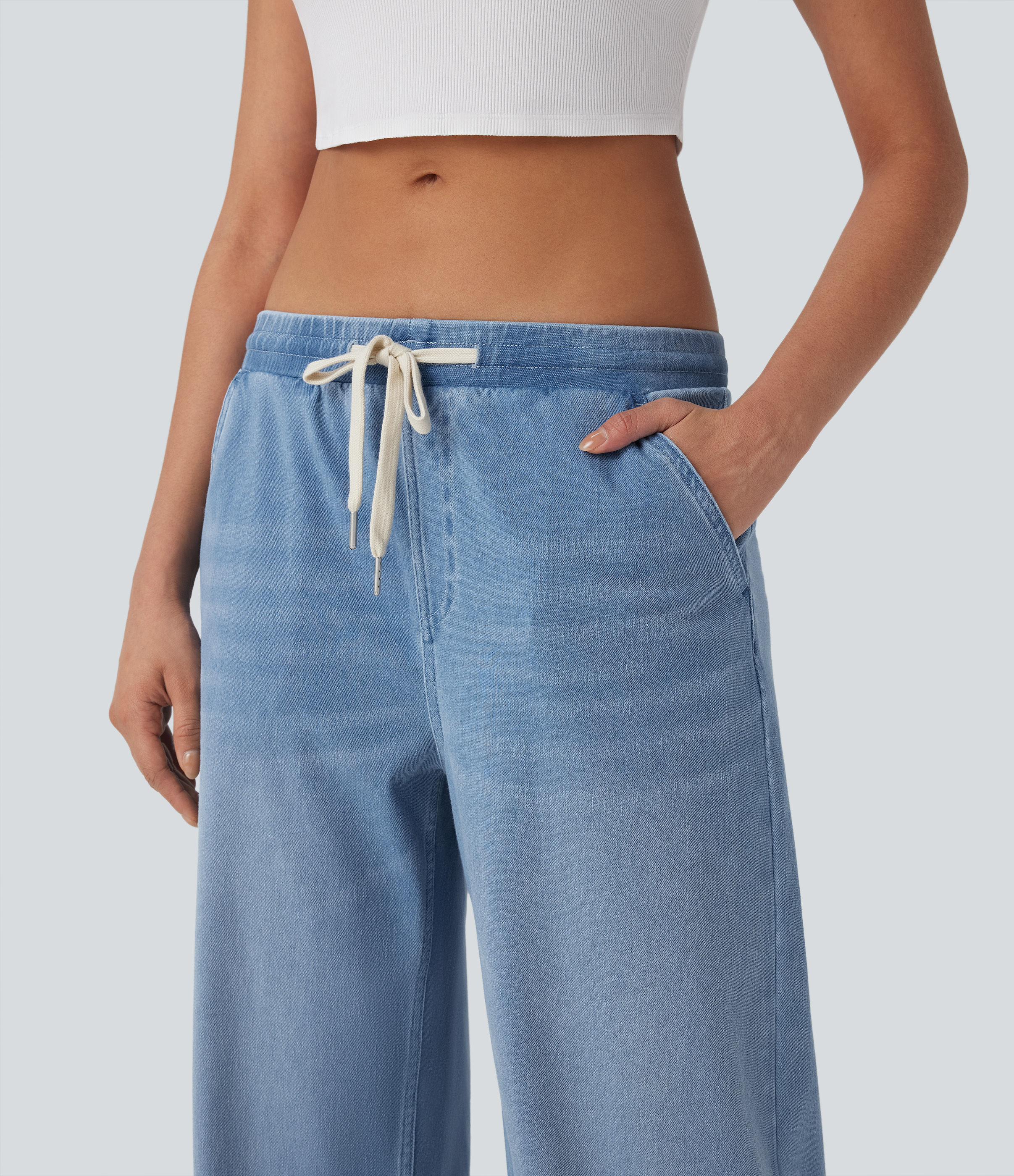 FlexLow Rise Drawstring Stretchy Knit Casual Baggy Sweatpants Jeans with Multiple Pockets