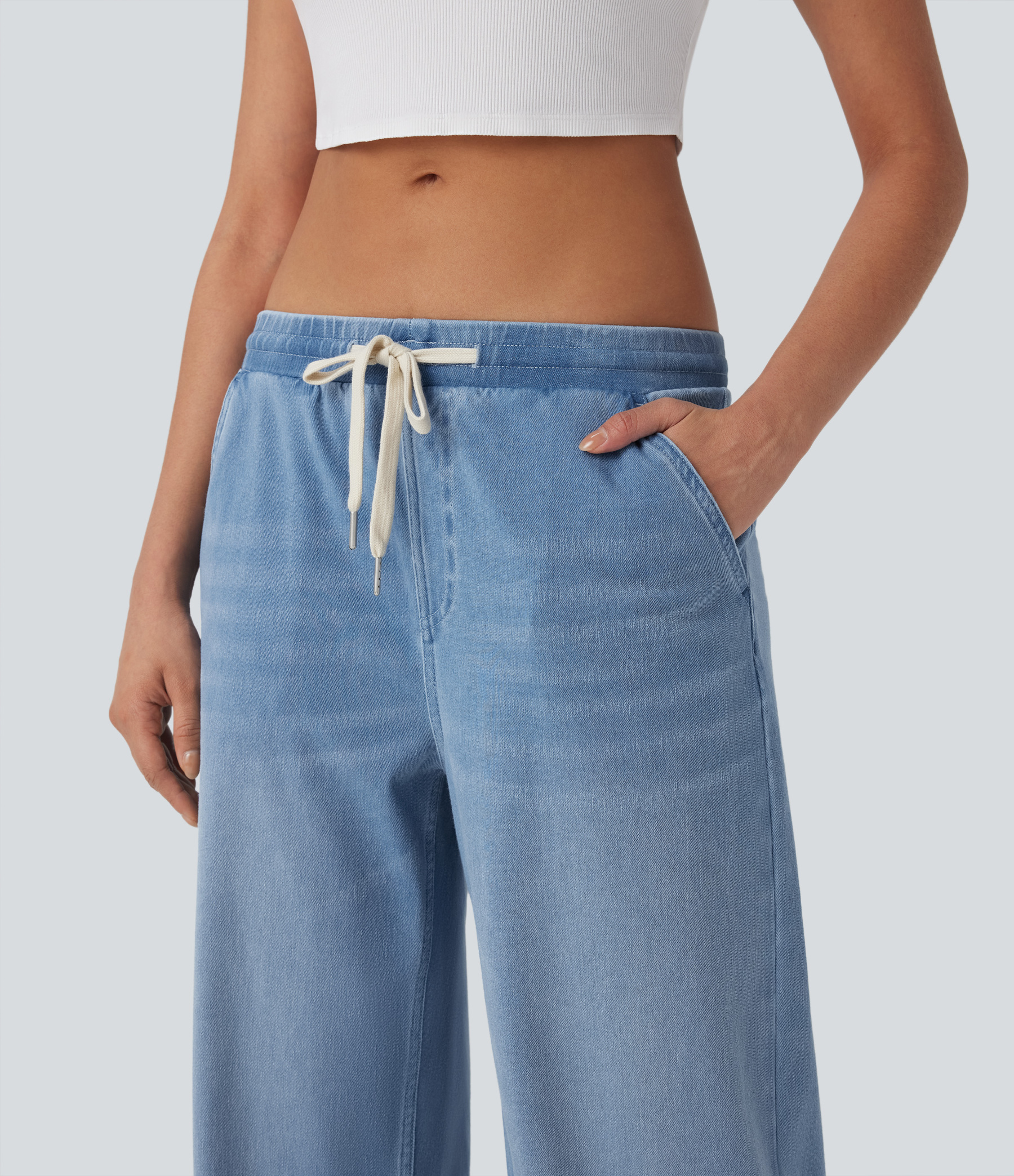 FlexLow Rise Drawstring Stretchy Knit Casual Baggy Sweatpants Jeans with Multiple Pockets