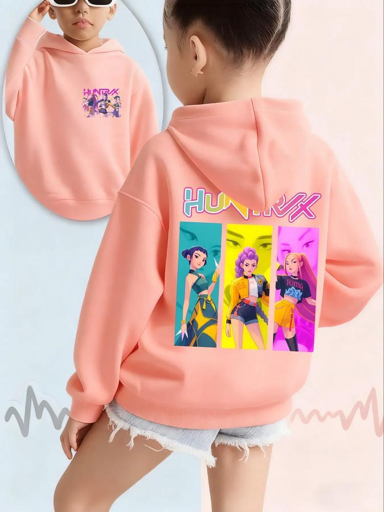 Girls' Kpop Demon Hunters Hoodie, Long Sleeve Cartoon Print Sweatshirt, Casual Fitted Spring & Fall Fashion, Comfortable Trendy Pullover