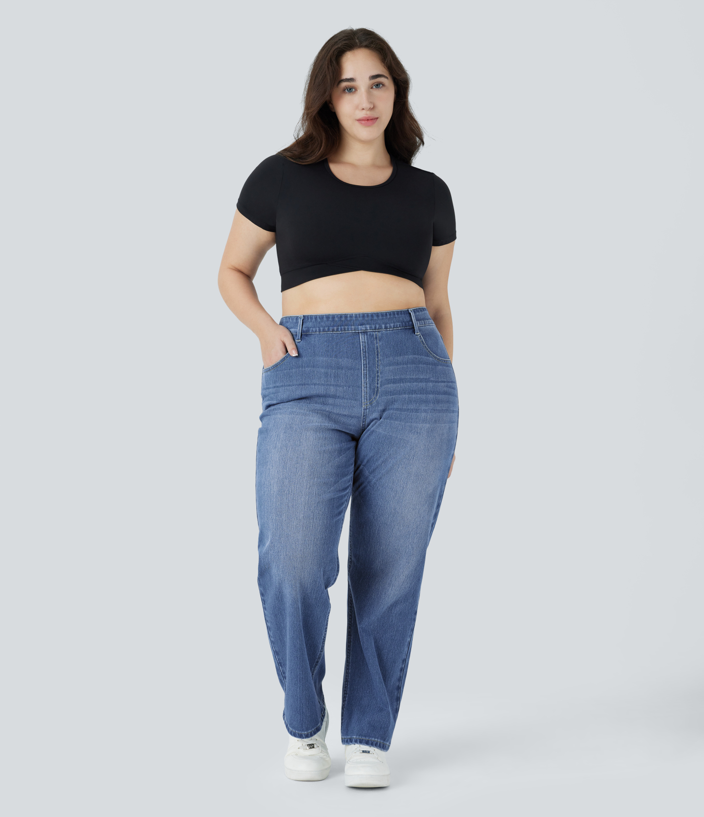 FlexHigh Waisted Pockets Straight Leg Washed Casual Plus Size Jeans