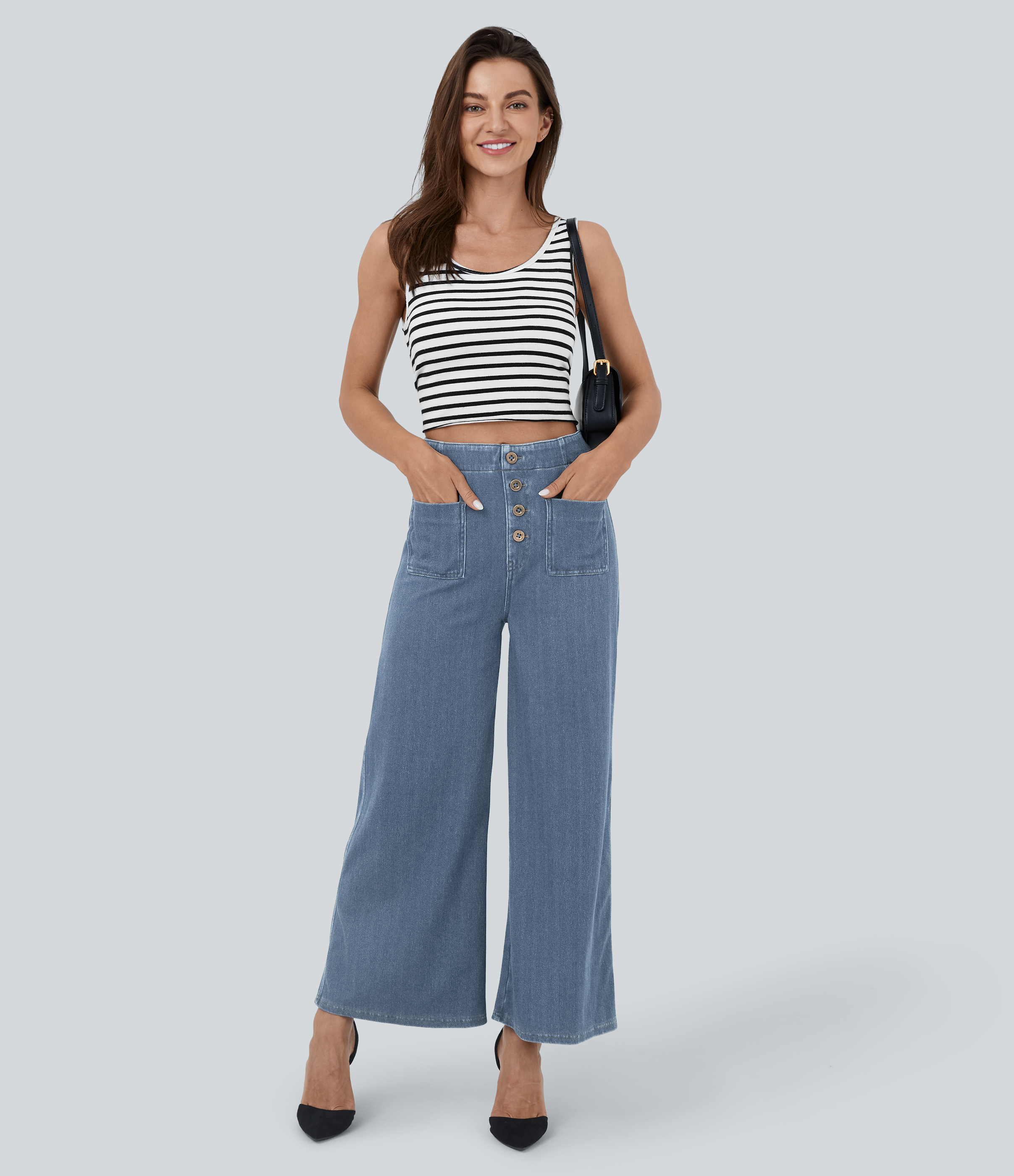FlexHigh Waisted Pockets Washed Casual Wide Leg Jeans