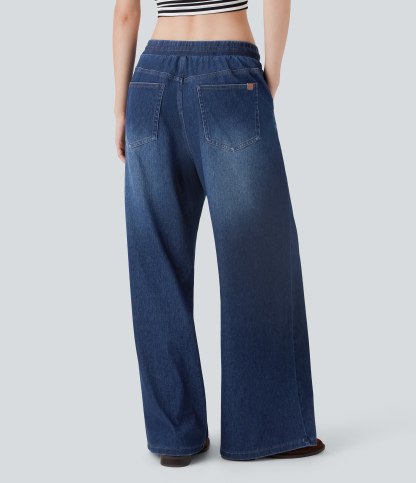 FlexLow Rise Drawstring Stretchy Knit Casual Baggy Sweatpants Jeans with Multiple Pockets