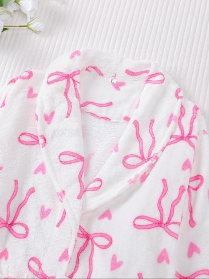 Women's Plush Flannel Robe, Butterfly Knot Print, Soft Comfortable Long Sleeve V Neck, Winter Fitted Home Wear, Holiday Party, Loungewear