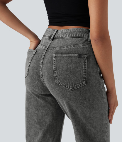 FlexHigh Waisted Zipper Pockets Straight Leg Casual Jeans