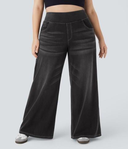 FlexHigh Waisted Pockets Baggy Wide Leg Washed Casual Plus Size Jeans