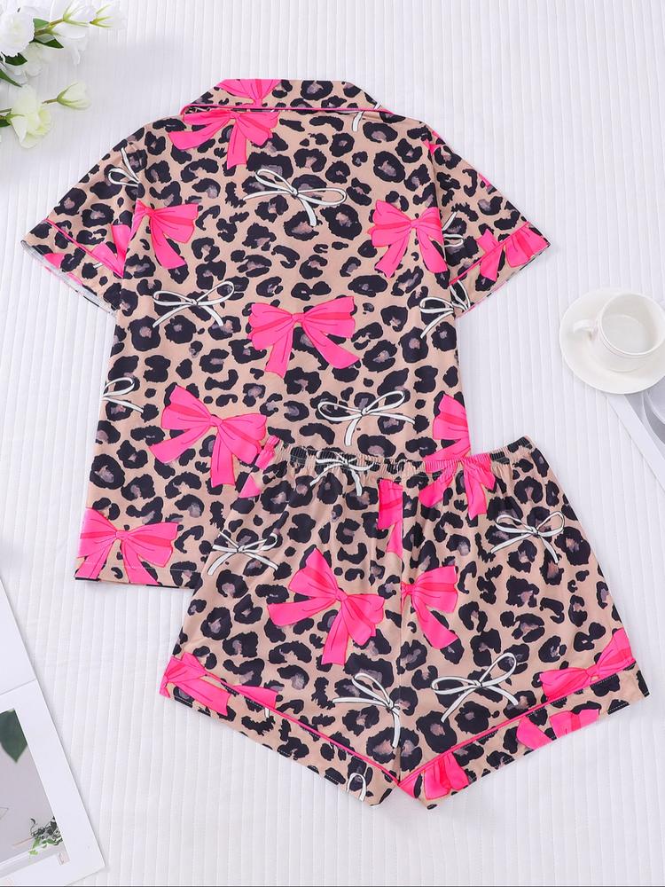 Women's Leopard Bow Printed Sleepwear Set, Casual Holiday, Soft Shirt & Elastic Shorts, All-Season Home Wear