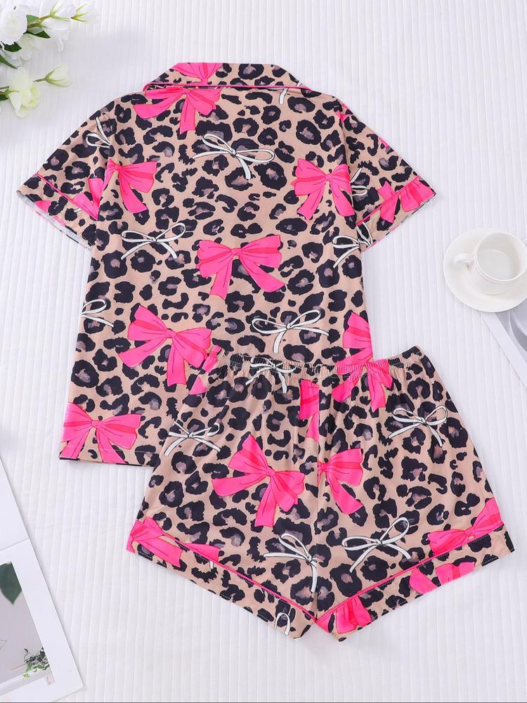 Women's Leopard Bow Printed Sleepwear Set, Casual Holiday, Soft Shirt & Elastic Shorts, All-Season Home Wear