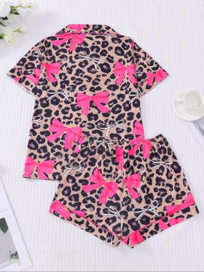 Women's Leopard Bow Printed Sleepwear Set, Casual Holiday, Soft Shirt & Elastic Shorts, All-Season Home Wear