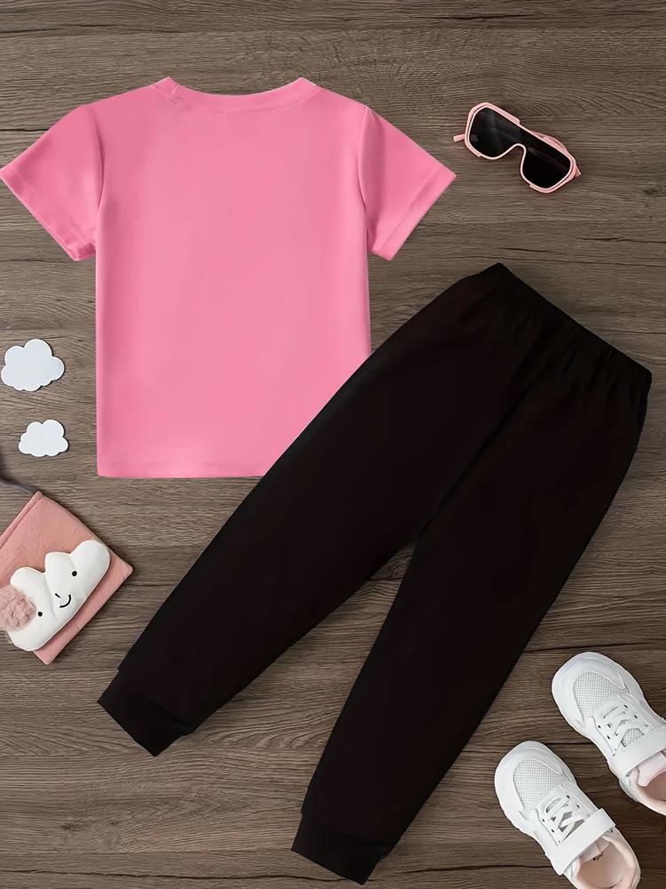 Girls' Spring & Fall Fashion Bow Print Short Sleeve T-Shirt + Sweatpants Set, Casual Comfortable for Kids, 2 Piece Set