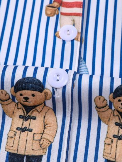 Women's Fall Winter Home Set, Cute Bear Print Pajamas, Casual Long Sleeve Shirt & Elastic Pants, Soft Stretch Fabric, Comfortable