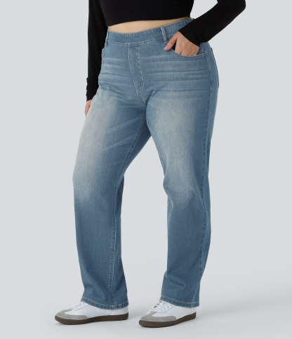 FlexHigh Waisted Pockets Straight Leg Washed Casual Plus Size Jeans