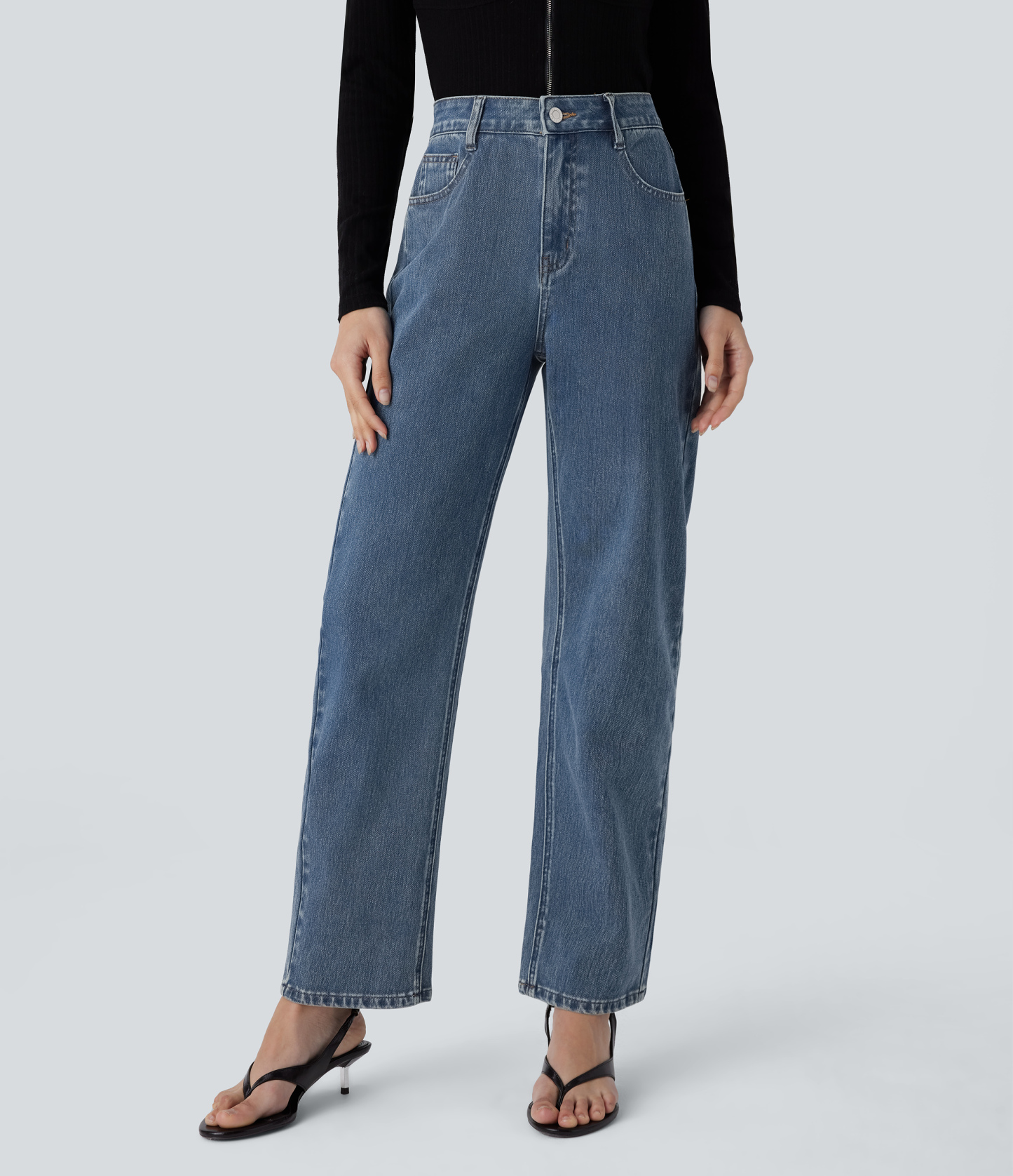 FlexHigh Waisted Zipper Pockets Straight Leg Casual Jeans