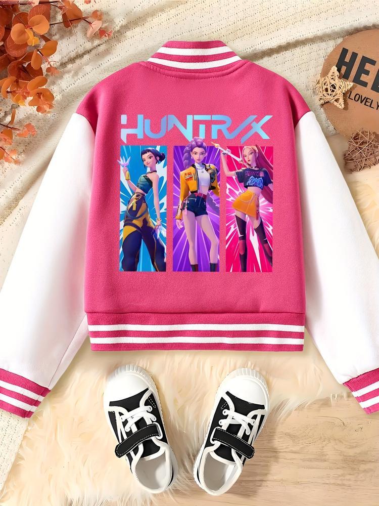 Girls Halloween Christmas Short Baseball Jacket, Casual Sports School Uniform, Elastic Fabric, Youth Fashion, Fall Winter Outerwear