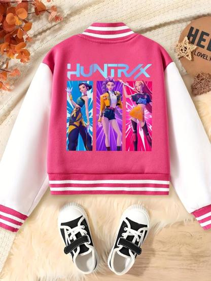 Girls Halloween Christmas Short Baseball Jacket, Casual Sports School Uniform, Elastic Fabric, Youth Fashion, Fall Winter Outerwear