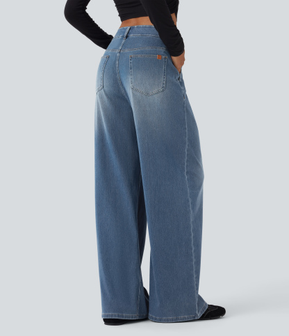 FlexMid Rise Wide Leg Casual Jeans with Pockets