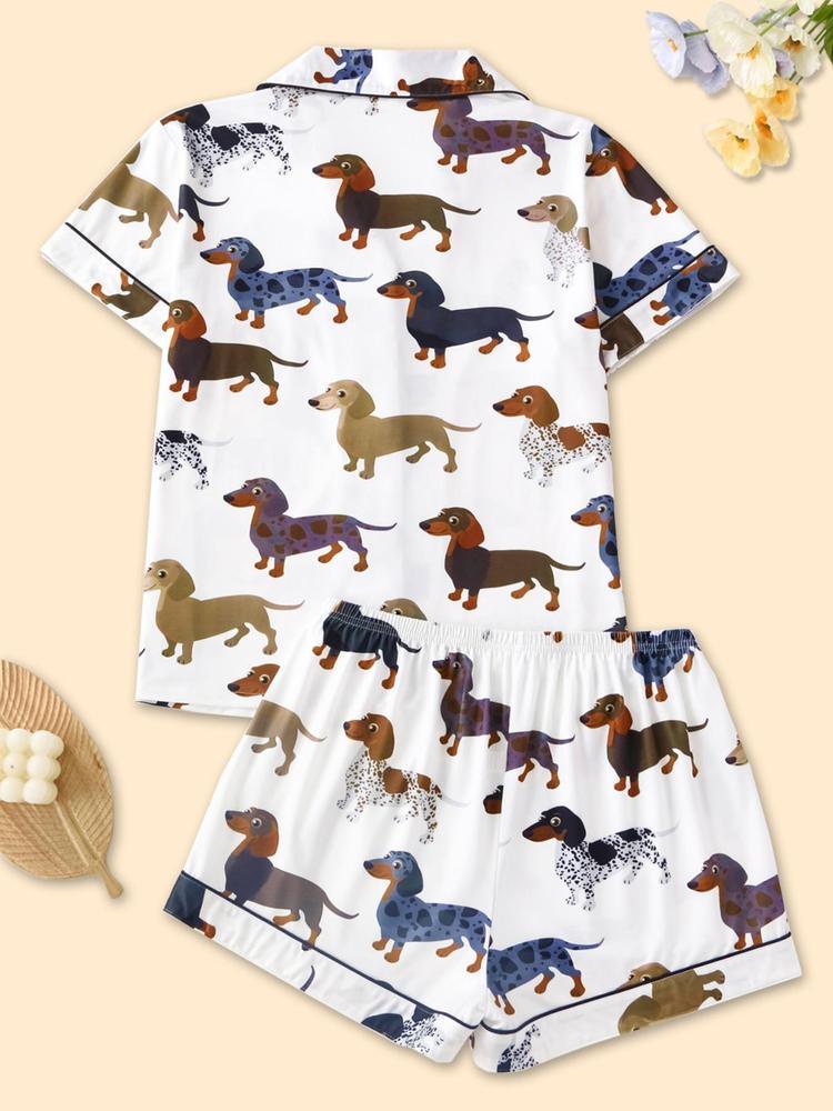 Women's Cartoon Dog Print Short Sleeve Matching Pajamas Two-piece Set, Casual Comfy Lapel Neck Button Design Pj Set for Daily Home Wear, Ladies Sleepwear for All Seasons, Loungewear,  Womenswear, Pastel Cute Pajamas, Breathable Stylish Pajama