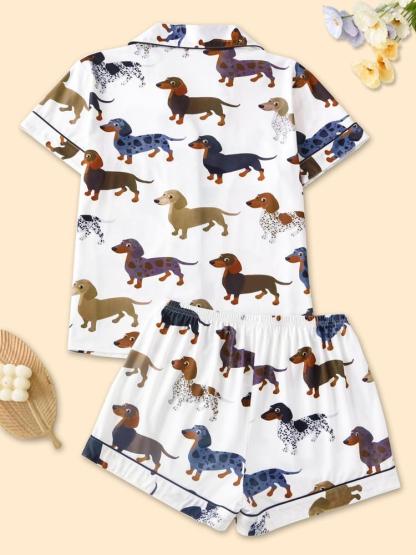 Women's Cartoon Dog Print Short Sleeve Matching Pajamas Two-piece Set, Casual Comfy Lapel Neck Button Design Pj Set for Daily Home Wear, Ladies Sleepwear for All Seasons, Loungewear,  Womenswear, Pastel Cute Pajamas, Breathable Stylish Pajama
