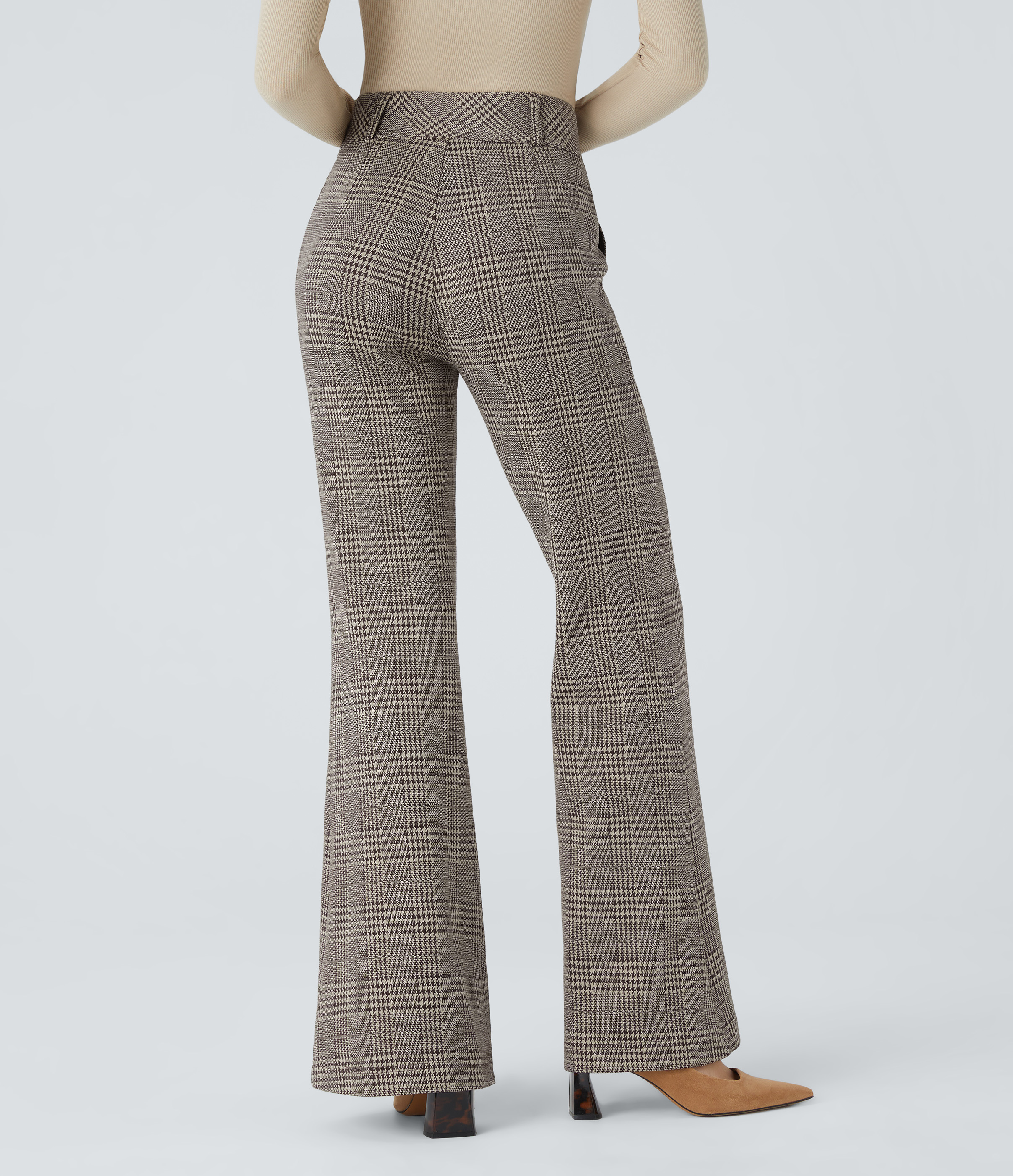 FlexHigh Waisted Decorative Pocket Houndstooth Plaid Work Flare Pants