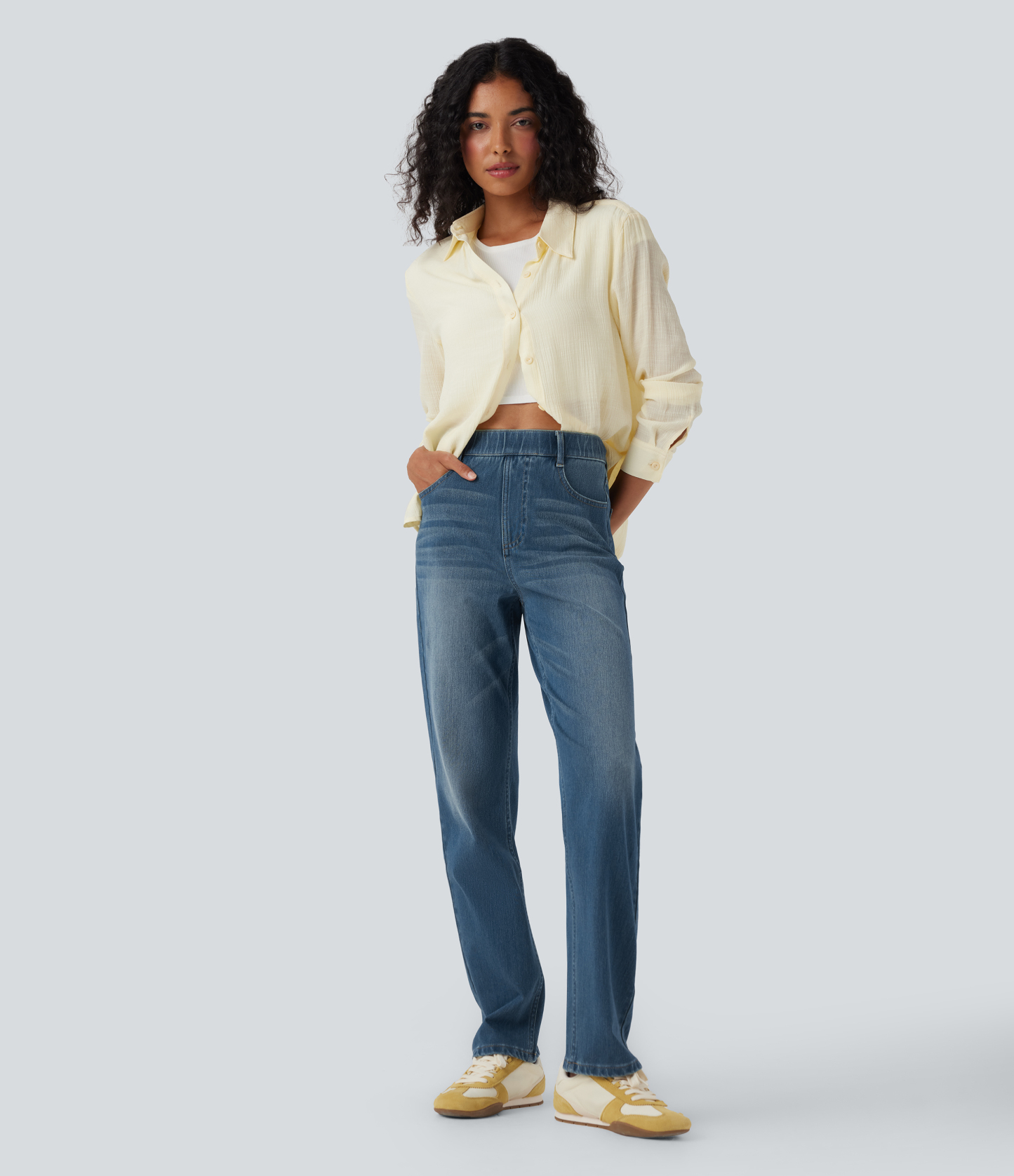 FlexHigh Waisted Pockets Straight Leg Washed Casual Jeans