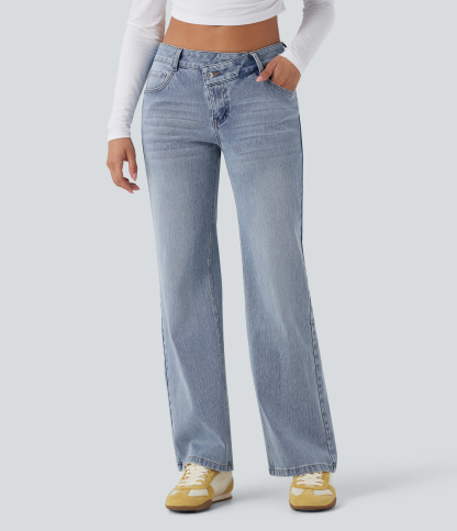 FlexAsymmetric Low Rise Straight Leg Casual Jeans with Pockets