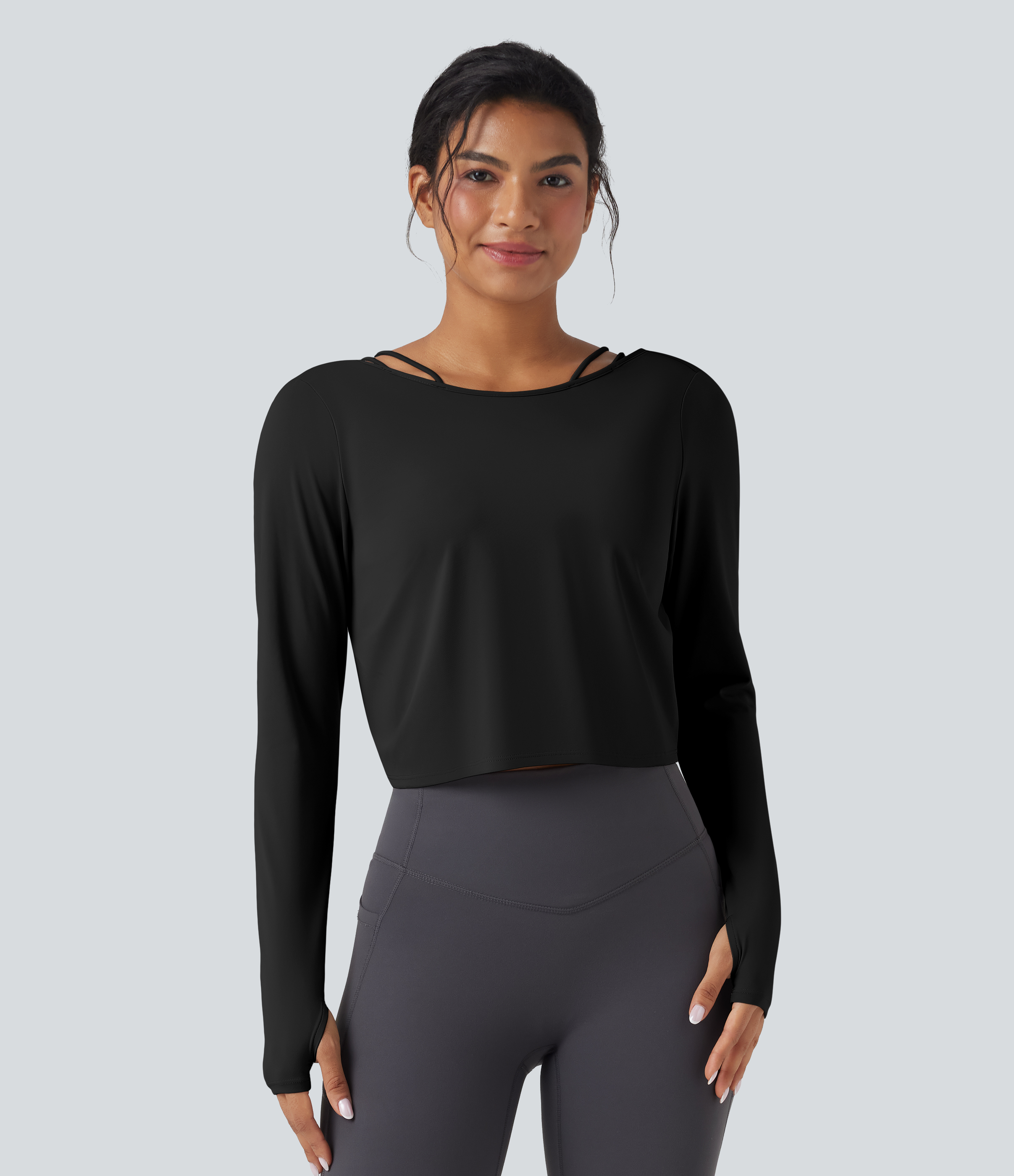SoftlyZeroQuickDry Backless Twist-back Long Sleeve Thumb Holes 2-in-1 Yoga Sports Top