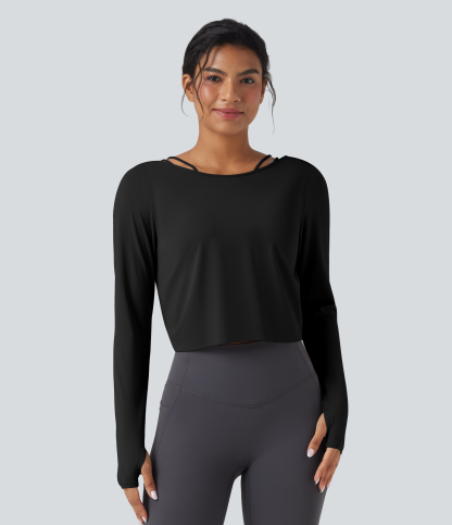 SoftlyZeroQuickDry Backless Twist-back Long Sleeve Thumb Holes 2-in-1 Yoga Sports Top