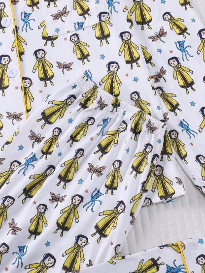 Women's Sleepwear Set, Butterfly Girl Print, Holiday Party Pajamas, Soft Long Sleeve Top and Loose Elastic Pants, Casual Home Wear