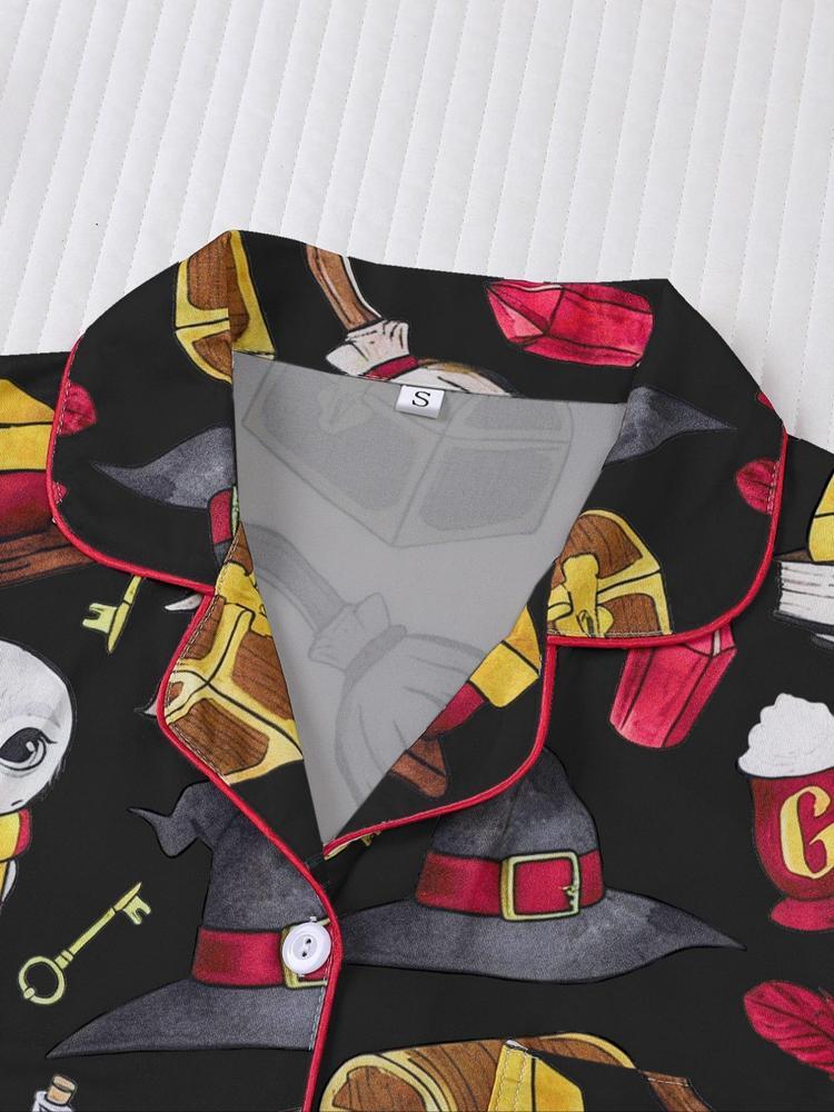 Women's 2-Piece Pajama Set, Magic Theme All-Over Print, Soft Shirt Collar Top & Elastic Pants, Casual Home Wear for Fall Winter