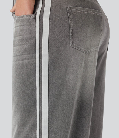 Plus Size FlexHigh Waisted Stripe Wide Leg Flowy Washed Casual Jeans with Pockets