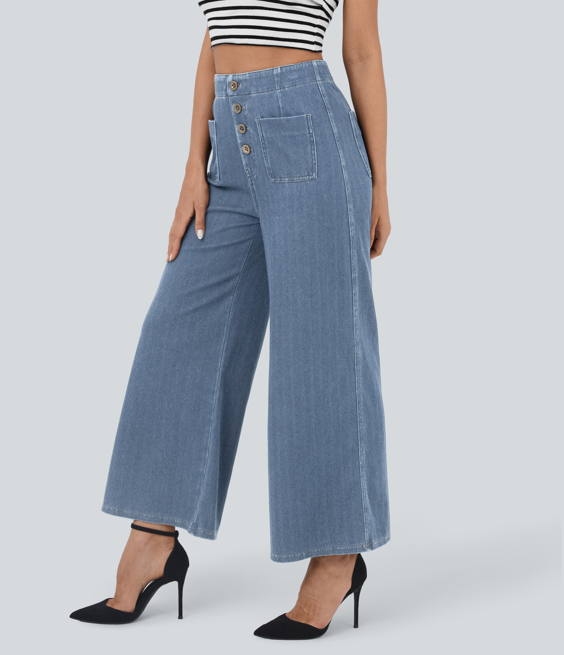 FlexHigh Waisted Pockets Washed Casual Wide Leg Jeans