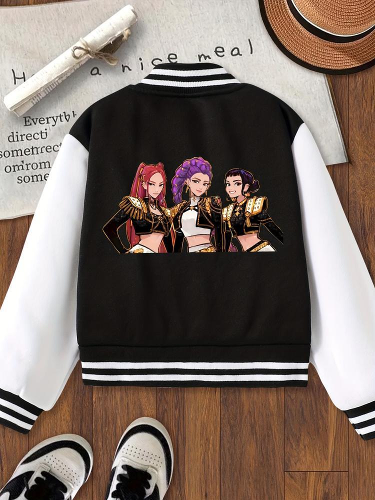 Girls' Baseball Jacket Coat, Cool Devil Cartoon Design, Fashion Fit Jacket
