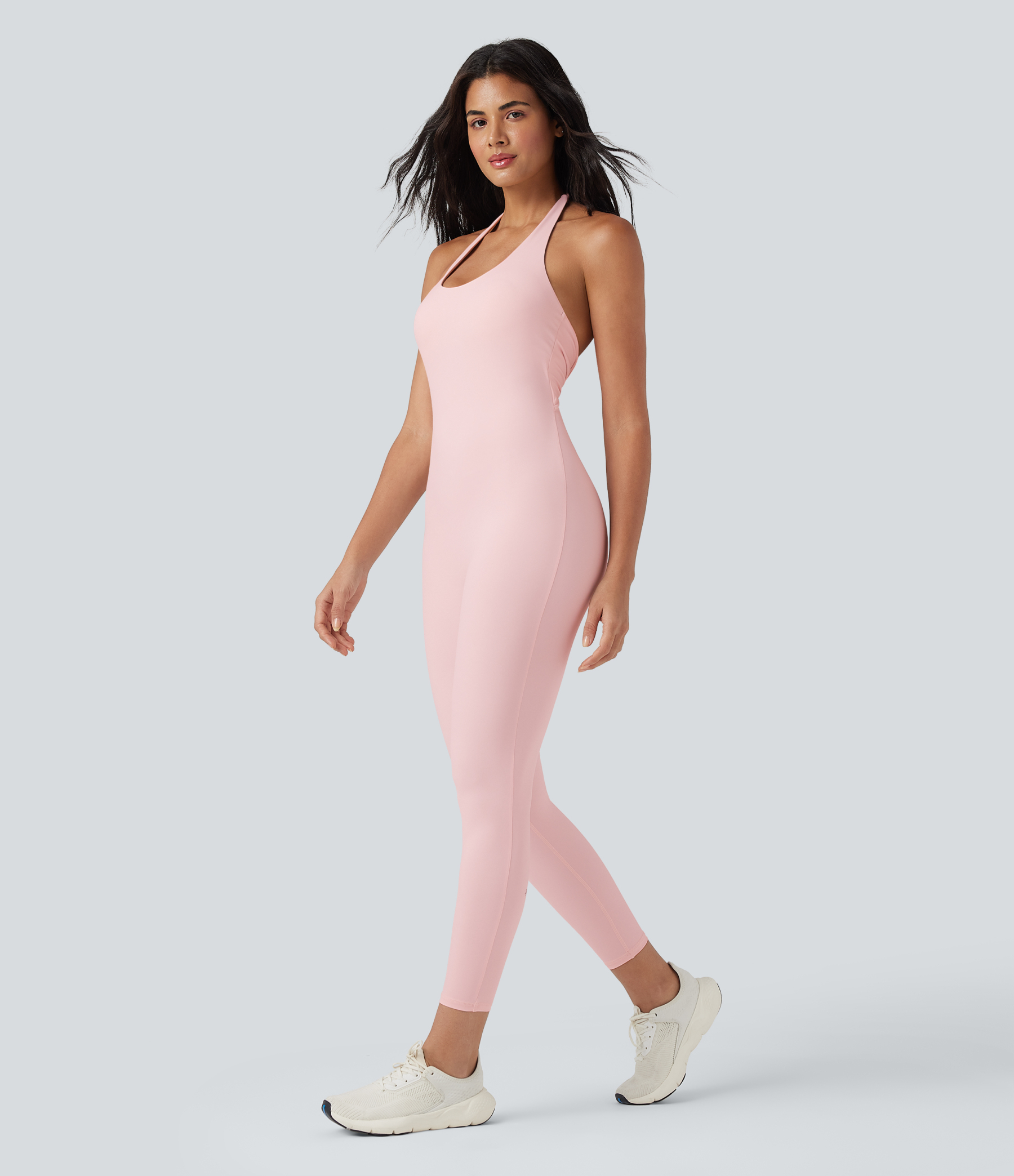 SoftlyZeroAiry Halter Tie Back Cut-out Scrunch Yoga Skinny Jumpsuit