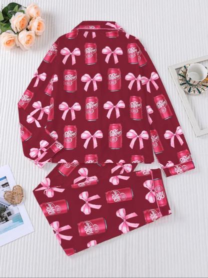 Women's 2-Piece Pajama Set, Long Sleeve Top & Elastic Pants, Casual Fall Winter Sleepwear, All over Print Design