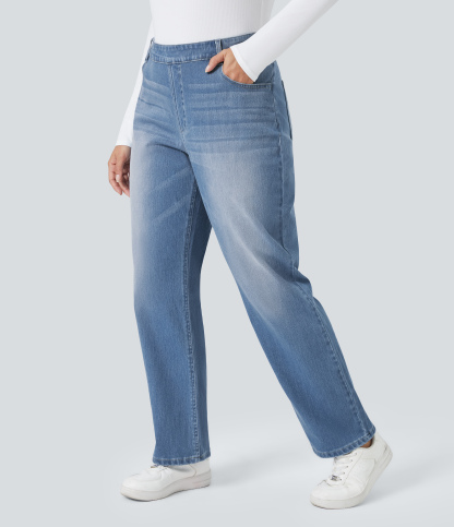 FlexHigh Waisted Pockets Straight Leg Washed Casual Plus Size Jeans