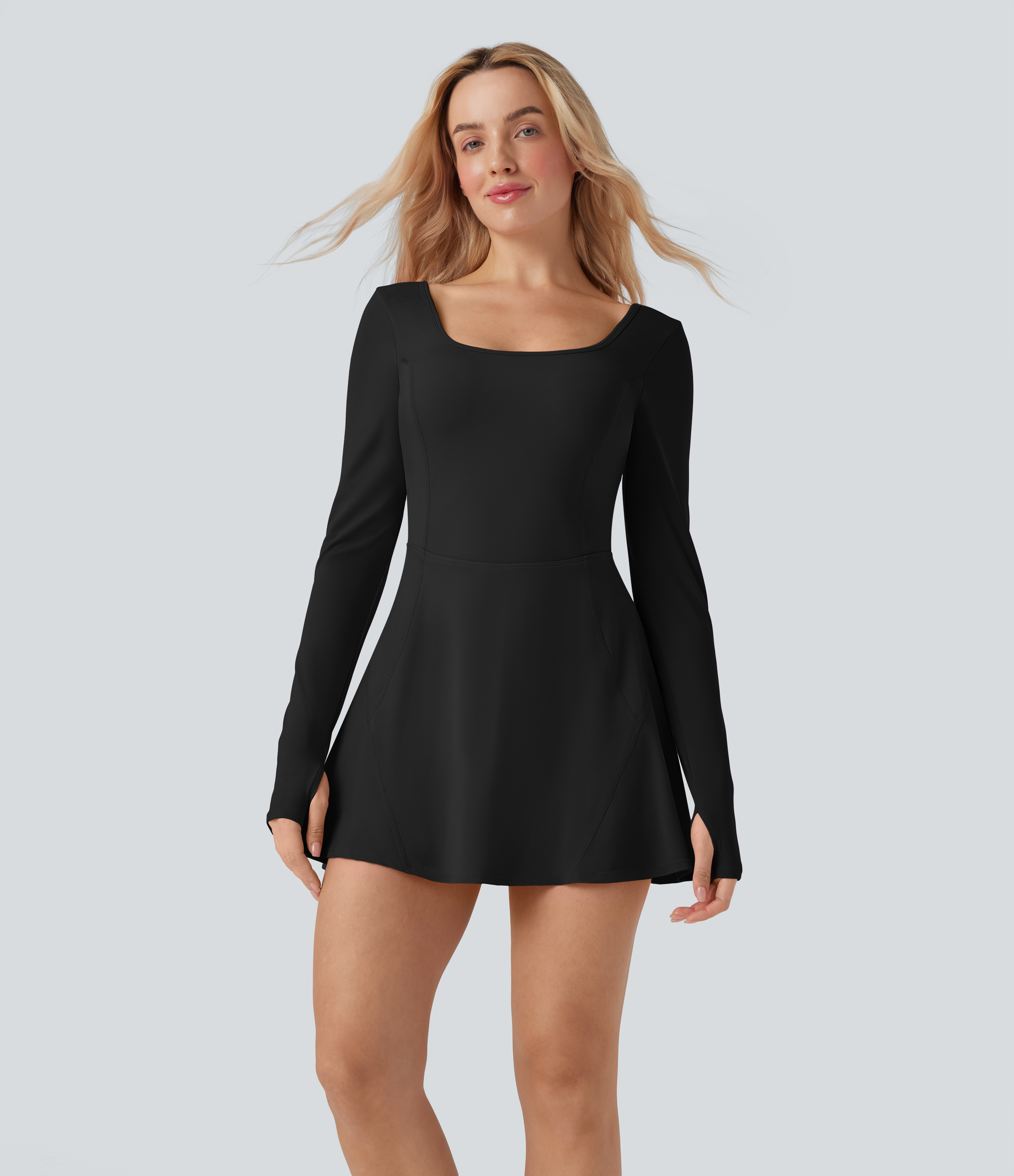 SoftlyZeroAiry U Neck Long Sleeve Thumb Hole 2-in-1 Cool Touch Mini Dance Active Dress with Pockets-Easy Peezy