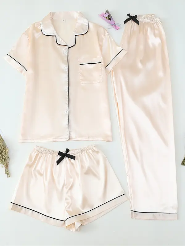 Women's Satin Sleepwear Set, 3-Piece Pajama with Button Front Top & Bow Shorts, Casual Home Wear for Women
