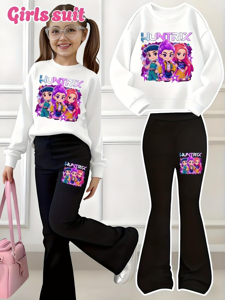 Halloween Christmas Kp Cool Girl Pattern Print 2-Piece Set, Power Girl Outfit, Girls' Casual Sportswear, Comfortable Elastic Waist Pants, Spring Fall Winter