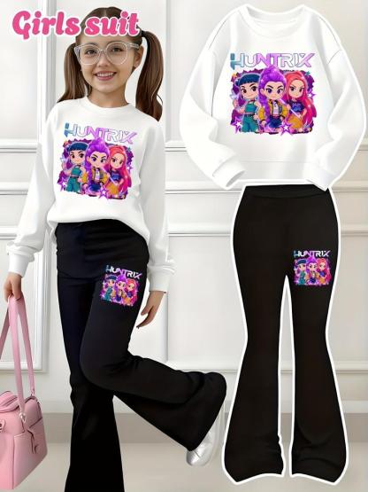 Halloween Christmas Kp Cool Girl Pattern Print 2-Piece Set, Power Girl Outfit, Girls' Casual Sportswear, Comfortable Elastic Waist Pants, Spring Fall Winter