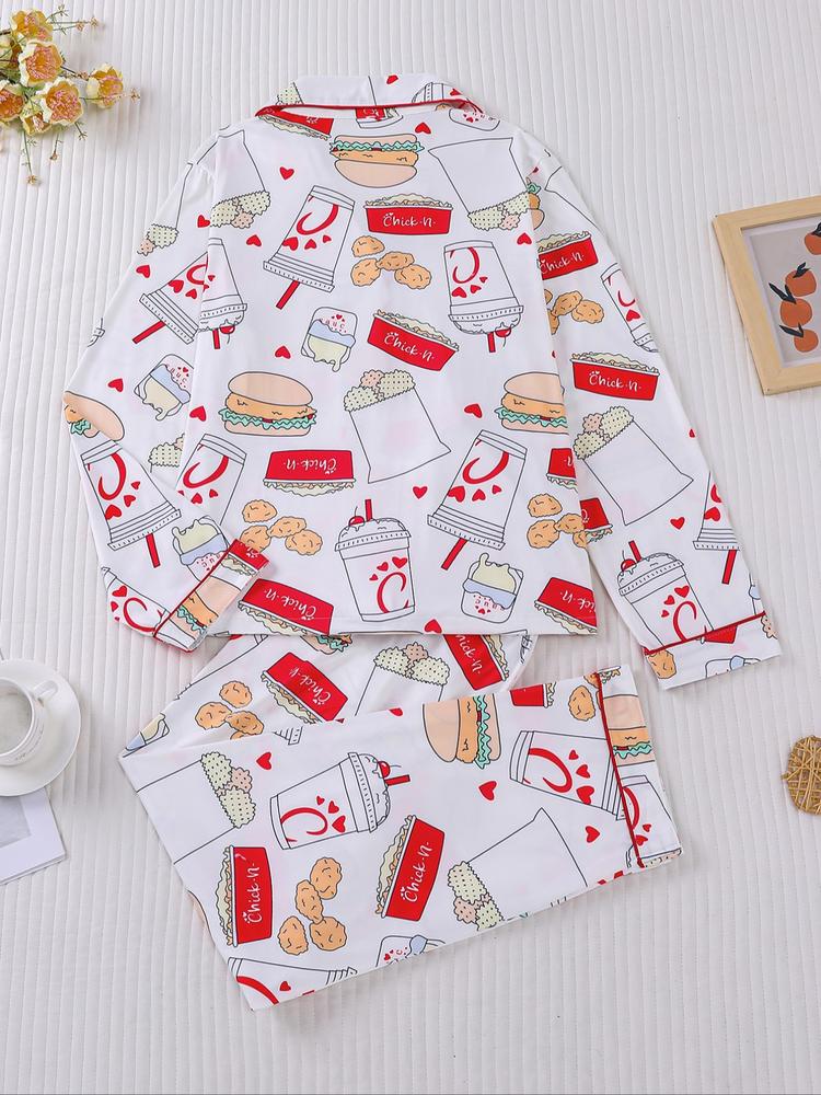 Women's 2-Piece Loungewear Pajama Set, Burger Print, Holiday Party Sleepwear, Soft Shirt Collar Top & Elastic Pants, Casual Home Wear
