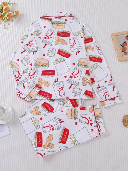 Women's 2-Piece Loungewear Pajama Set, Burger Print, Holiday Party Sleepwear, Soft Shirt Collar Top & Elastic Pants, Casual Home Wear