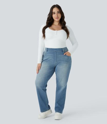 FlexHigh Waisted Pockets Straight Leg Washed Casual Plus Size Jeans