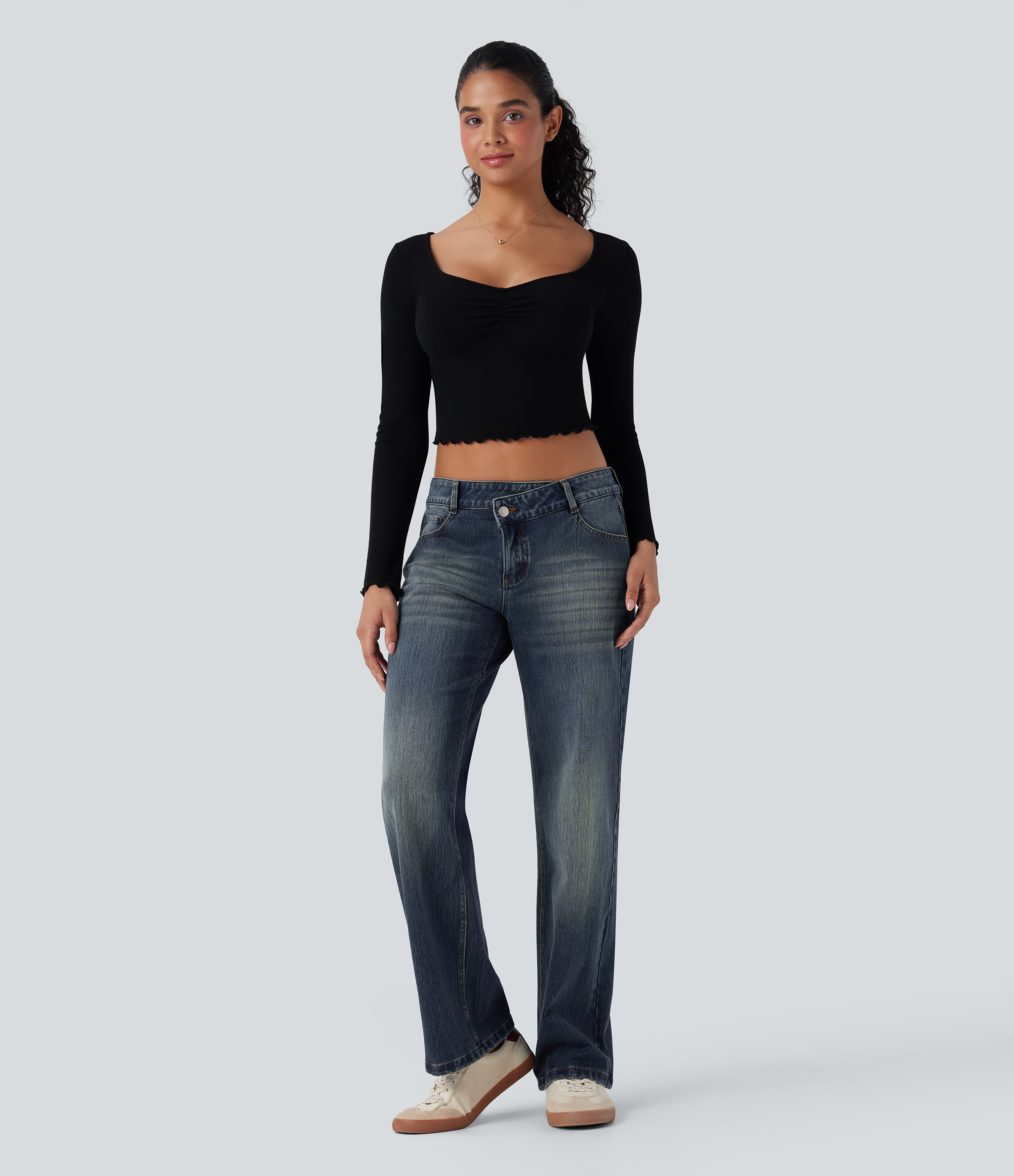 FlexAsymmetric Low Rise Straight Leg Casual Jeans with Pockets