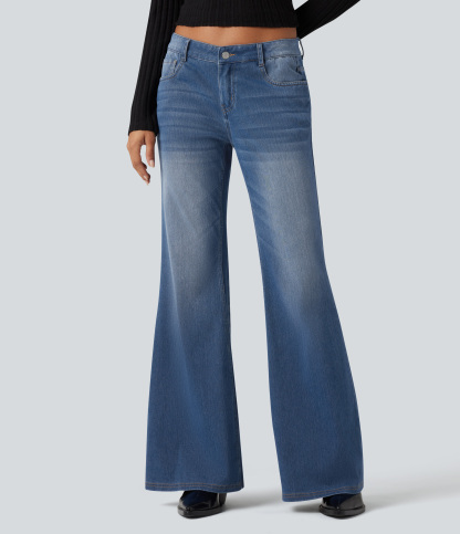 FlexLow Rise Flare Washed Casual Jeans with Pockets