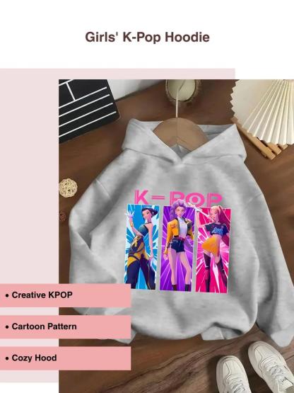 Girls' Kpop Falcon Girl Group Hoodie, Long Sleeve Casual Fitted Sweatshirt, Spring & Fall Fashion, Comfortable Graphic Print Pullover, Graphic Hoodies