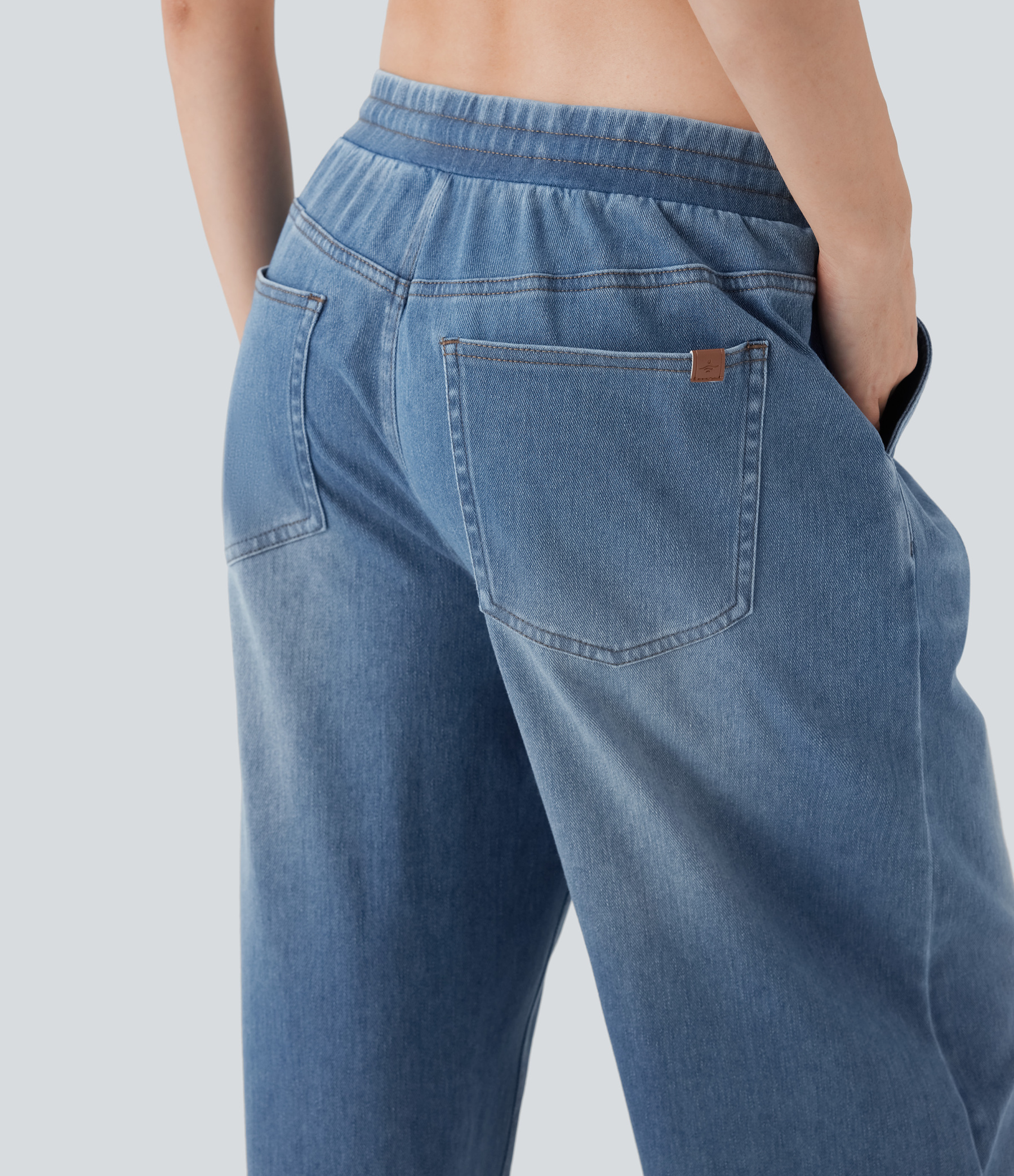 FlexLow Rise Drawstring Stretchy Knit Casual Baggy Sweatpants Jeans with Multiple Pockets