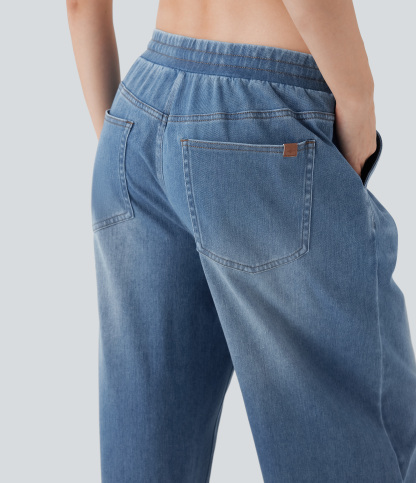 FlexLow Rise Drawstring Stretchy Knit Casual Baggy Sweatpants Jeans with Multiple Pockets