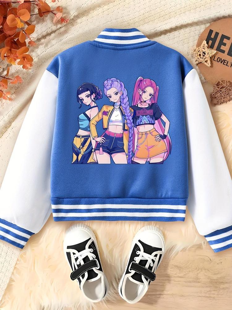 Kpop Anime Girl Print Fitted Jacket, Elastic Fabric, Girls' Street Style Sportswear, Fall & Winter Halloween Alternative